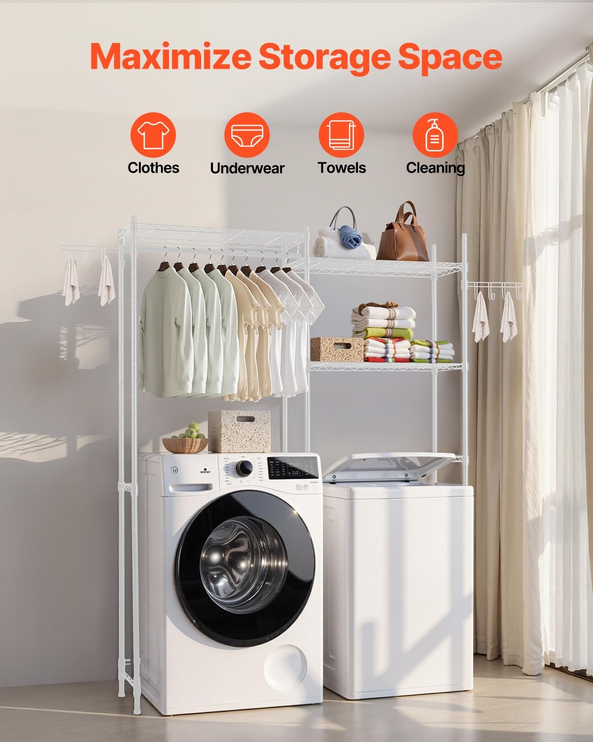 VEVOR Over The Washer and Dryer Storage Shelf, 5 Tier Laundry Room Drying Rack with Hanger Rod and