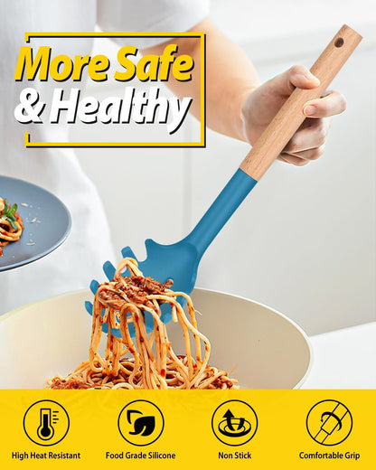 Silicone Pasta Fork and Ladle Spoon Set with Wooden Handle, Heat Resistant Non Stick Kitchen