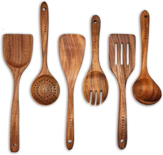 GreyWooden Kitchen Utensil Set, 6Pcs Wooden Cooking Utensils for Non-Stick Pan, 100% Natural Teak