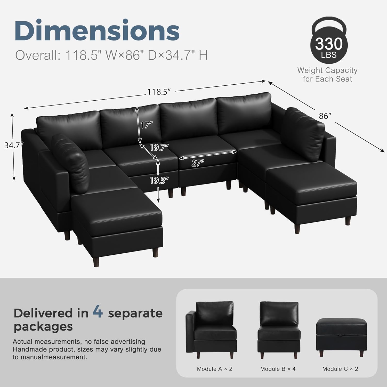 ABCASA 118.5" Faux Leather Modular Sectional Sofa, Modern Large 8 Seater U Shaped Couch with