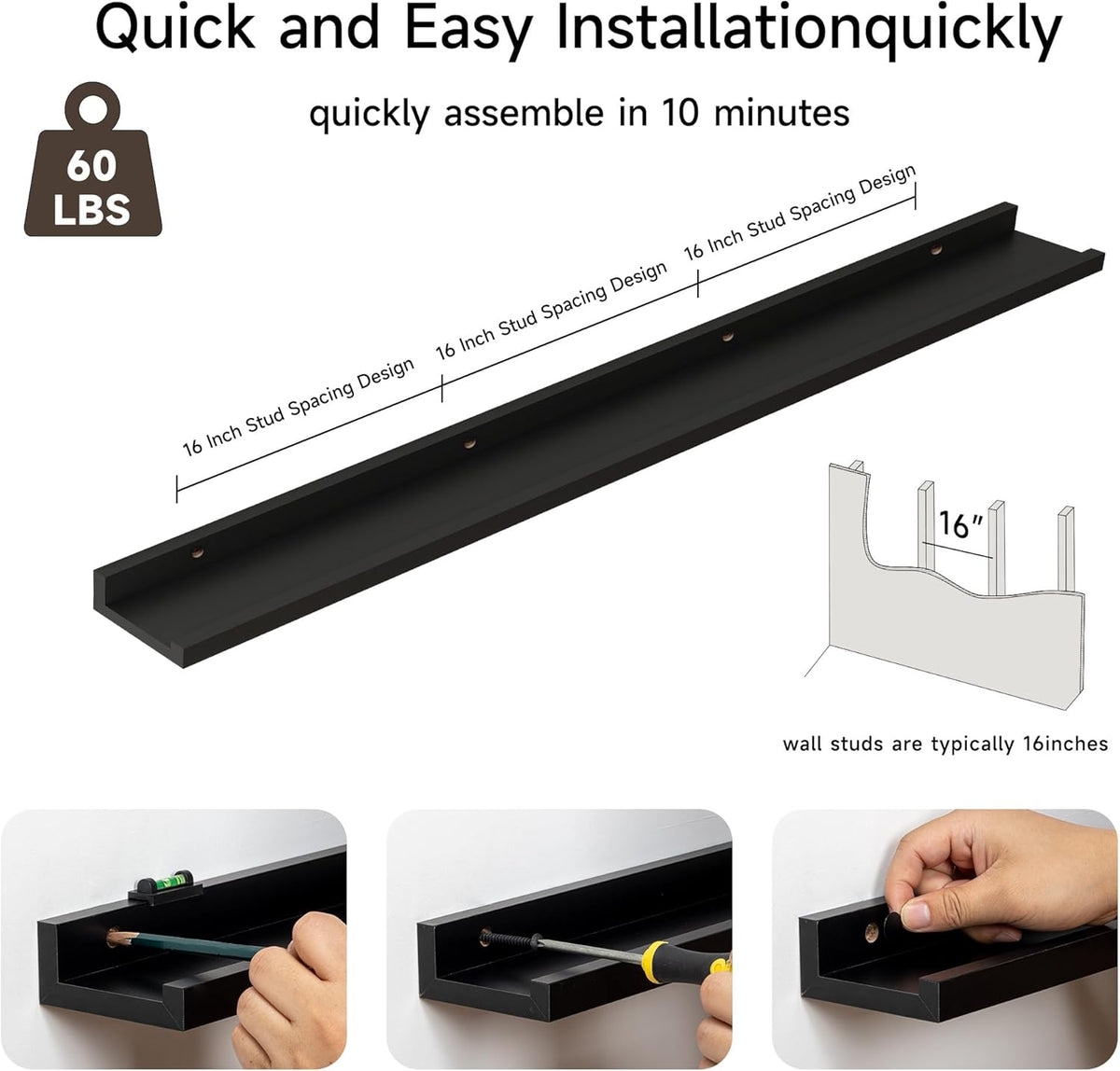 Floating Picture Ledge Shelves for Wall Set of 2, 55 Inches Picture Shelf with Ledge, Nursery Book