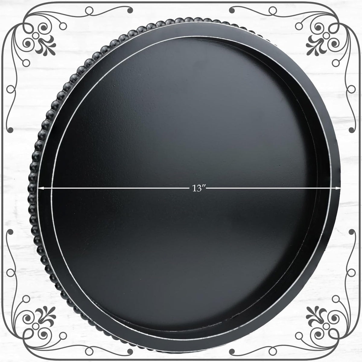 Round Black Wood Serving Tray with Beads, Wooden Decorative Tray for Entertaining, Decoration, and
