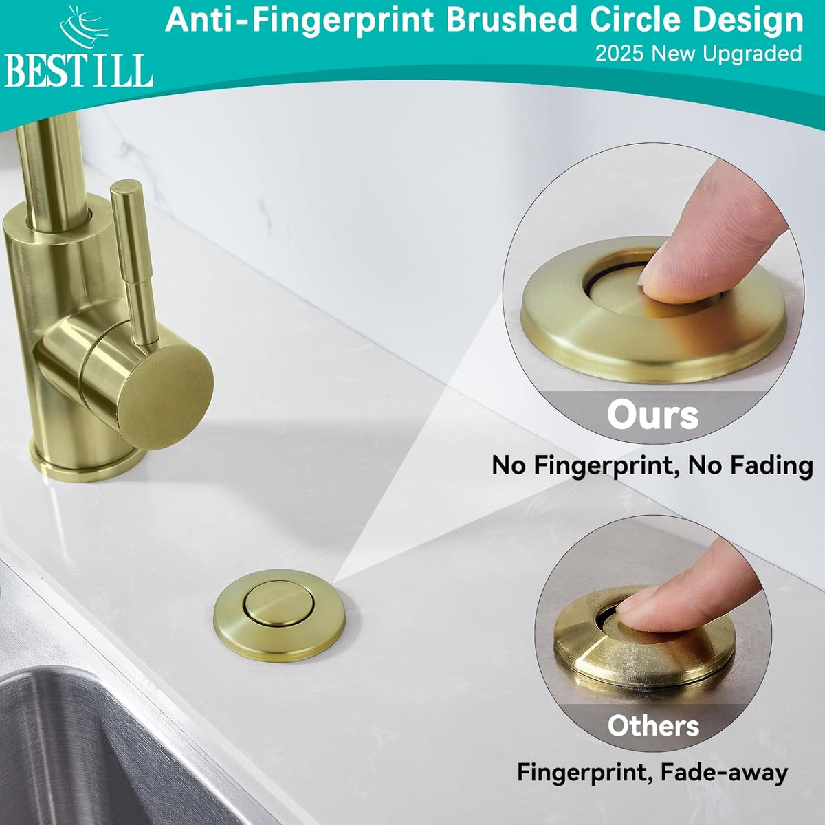 BESTILL Garbage Disposal Air Switch Kit - Brushed Gold Garbage Disposals Button, 3.6” Long Sink Top