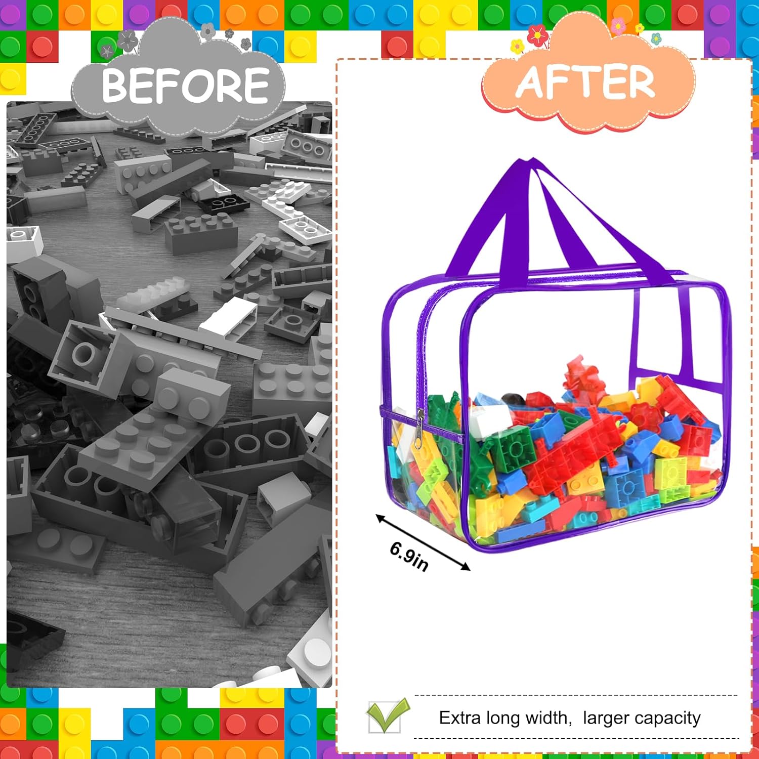 6 Colors Widen X-Large Toy Storage Bags 12.6×9.25×6.9In with Labels, Reusable Clear PVC Board Game