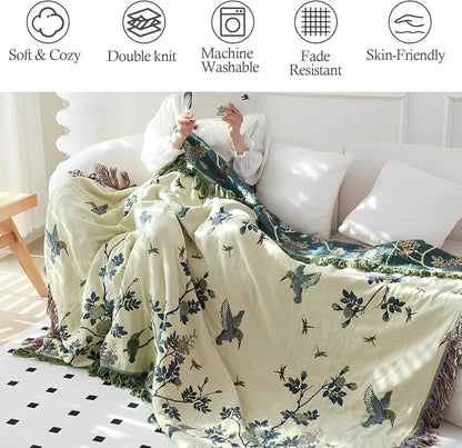 Snycler Boho Throw Blanket for Bed - 100% Cotton Ultra Soft Rustic Quilt Blanket Green Floral Bird