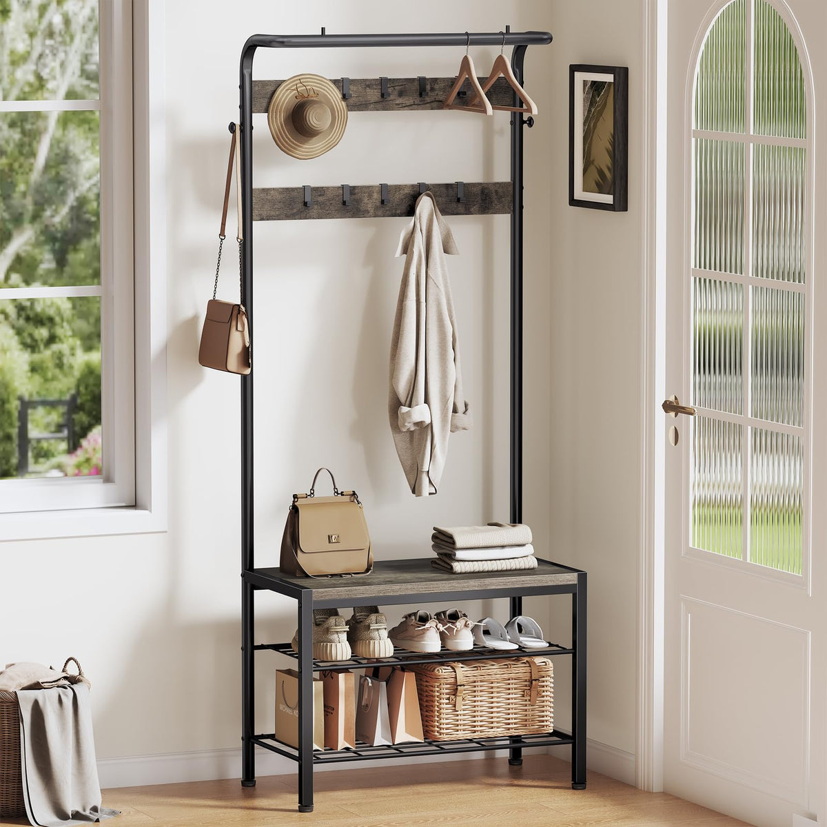 KMFurnila Hall Tree with Bench and Shoe Storage, 4-in-1 Entryway Organizer with 10 Hooks and