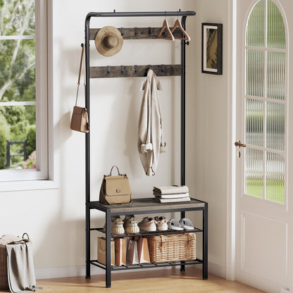 KMFurnila Hall Tree with Bench and Shoe Storage, 4-in-1 Entryway Organizer with 10 Hooks and