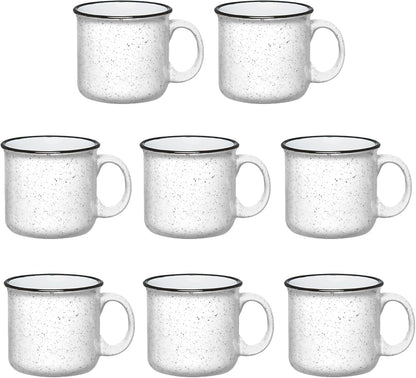Set of 8 Ceramic Campfire Mugs – 15 Oz, White – Coffee & Tea Cups for Home, Work, Travel, Camping