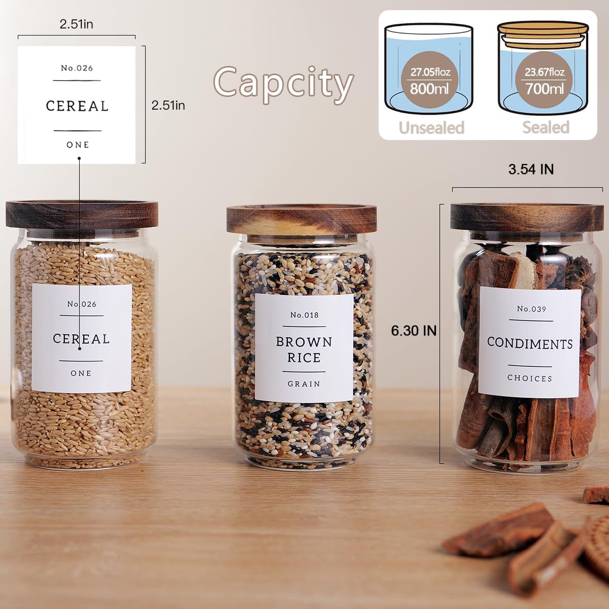6 Set Glass Pantry Storage Jars with Acacia Airtight Lid - 23oz Thicken Glass Kitchen Canisters