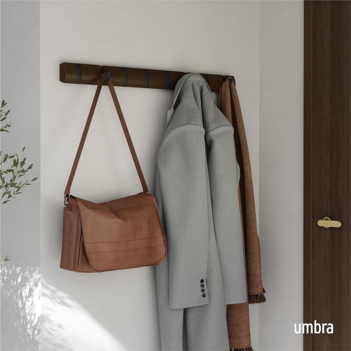 Umbra Flip Coat Rack, Wall Mount 8-Hook, Space Saving, Walnut/Black