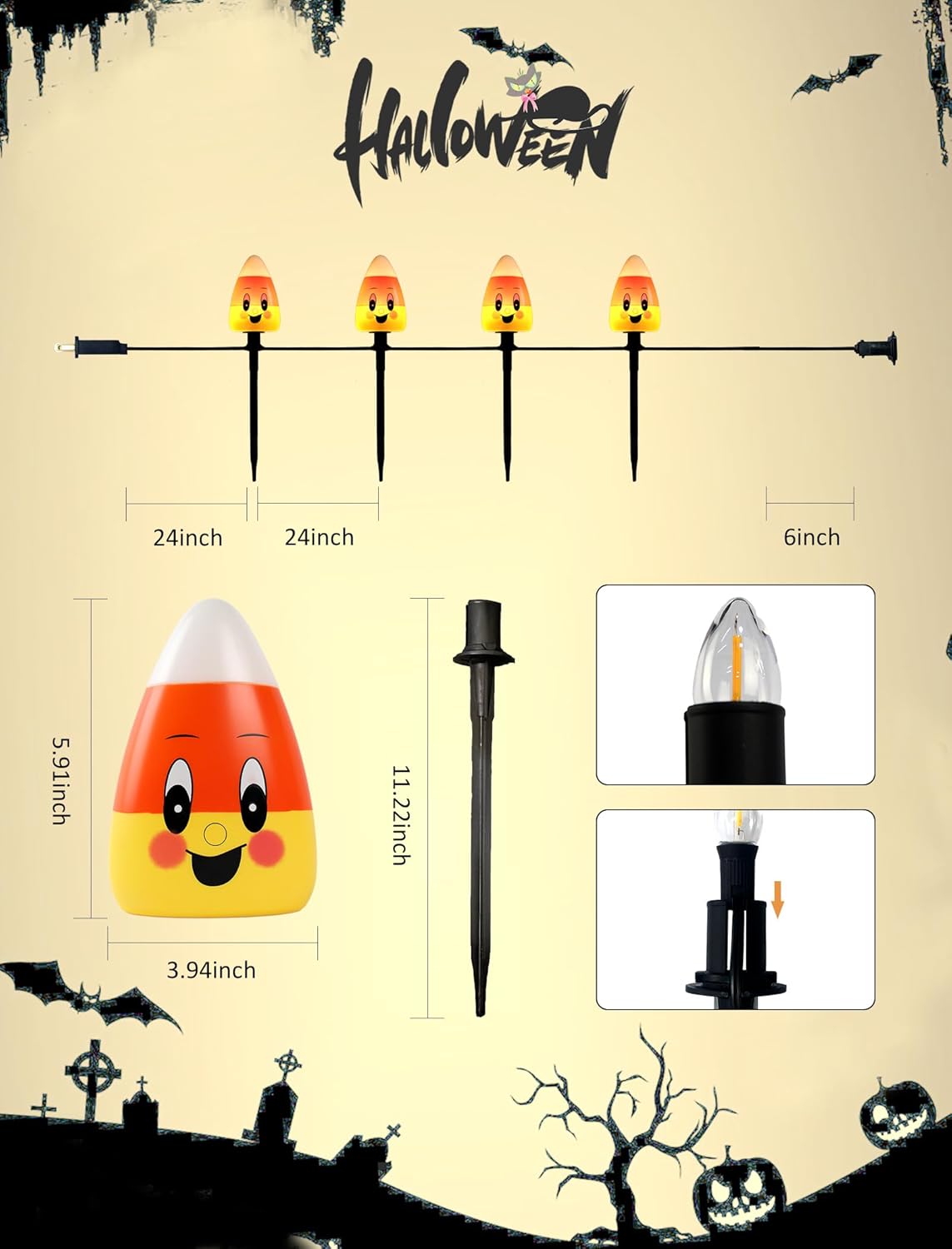 5 Pack Enchanting Candy Corn Pathway Lights Outdoor, UL Certified Plug-in Halloween Decorations