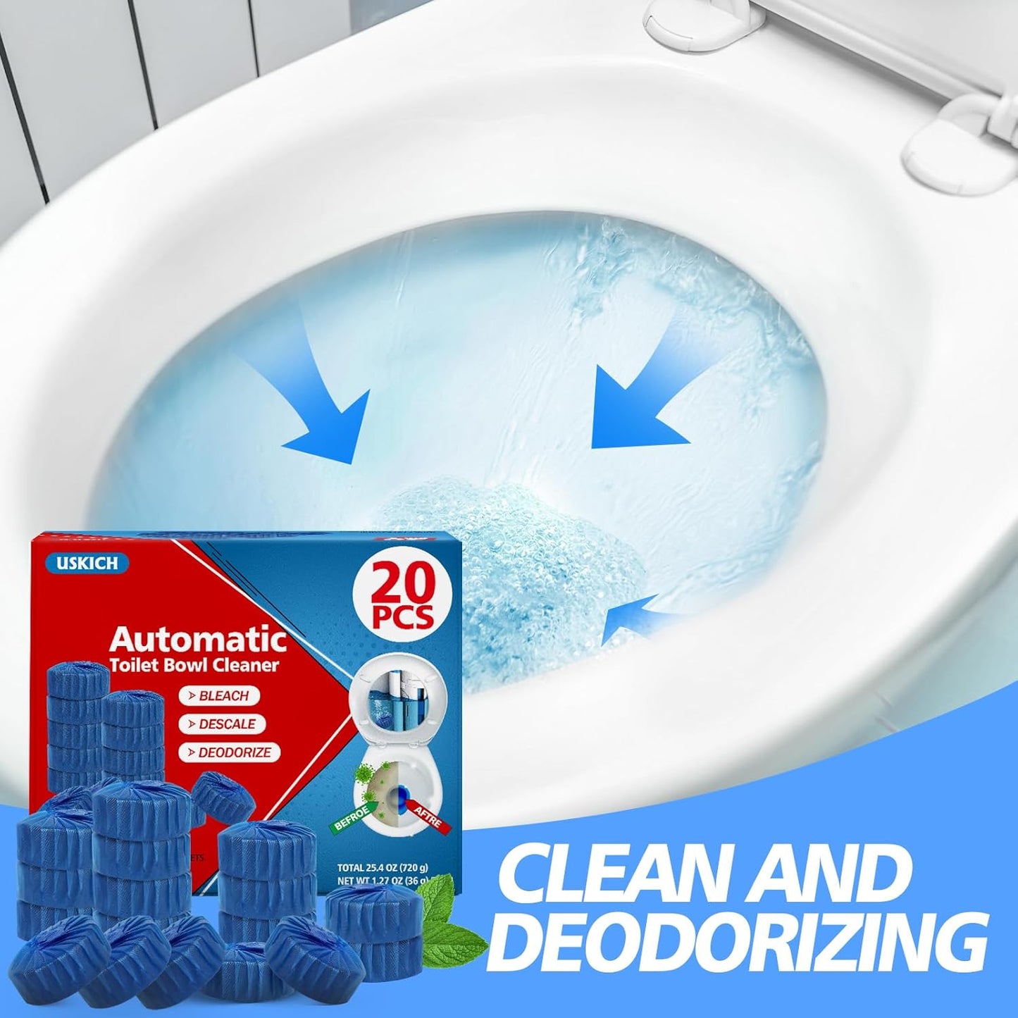 USKICH Toilet Bowl Cleaner Tablets 20 PACK, Bathroom Automatic Toilet Tank Blue Cleaners with