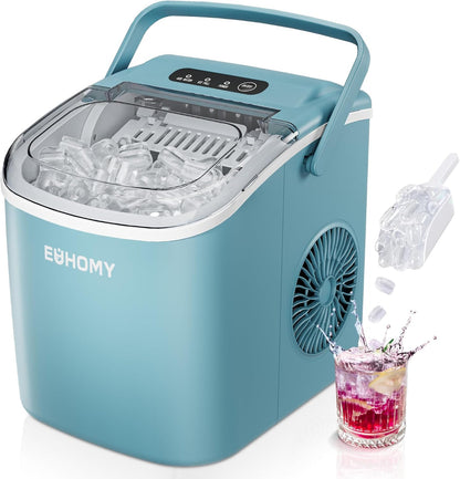 EUHOMY Countertop Ice Maker Machine with Handle, 26lbs Per Day, 9 Ice Cubes Ready in 6 Mins