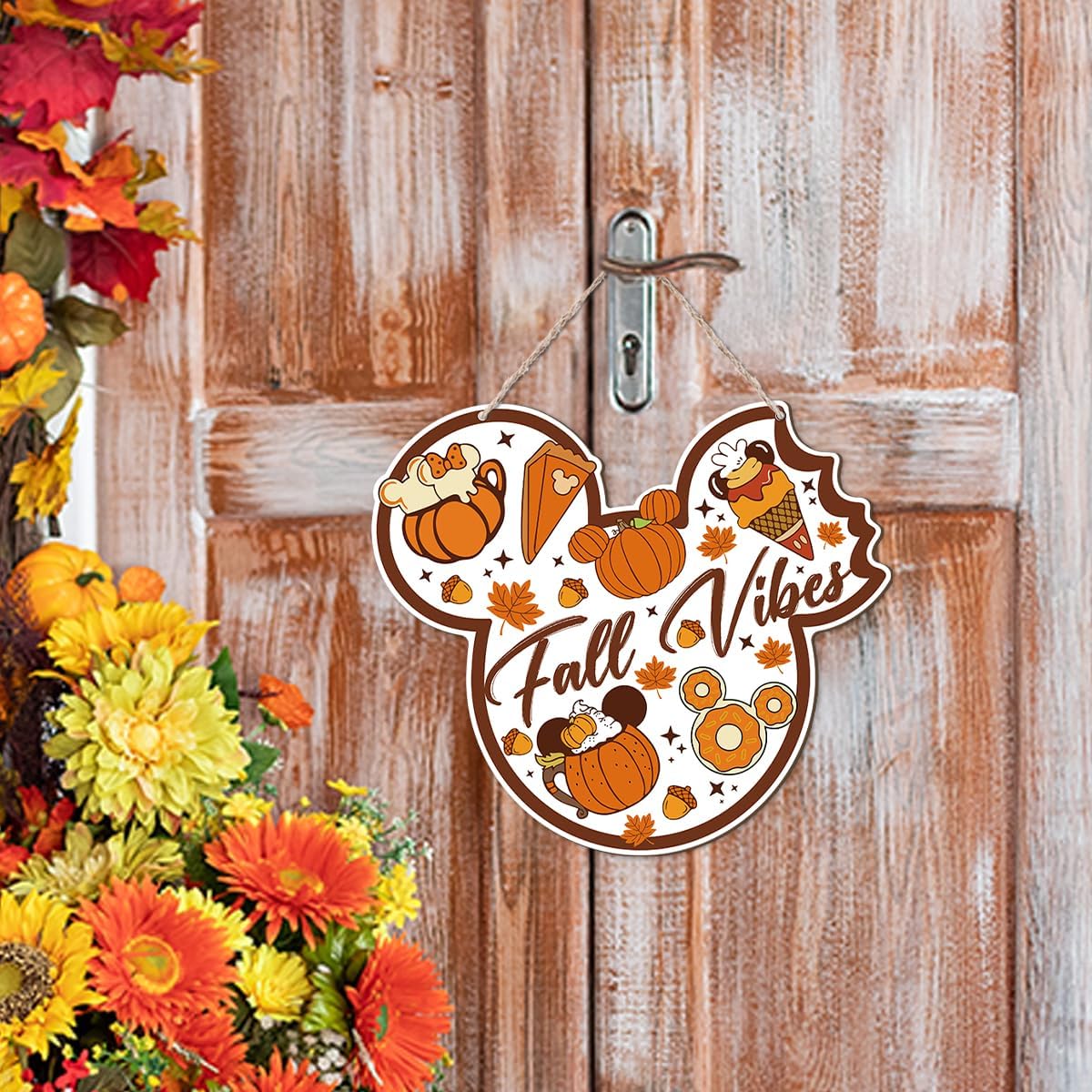 Fall Vibes Door Hanger, Fall Mouse Welcome Door Sign, Wooden Maple Leaves Mushroom Hanging Decor