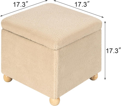 Adeco 17 Inch Soft Oatmeal Cube Ottoman Storage, Teddy Velvet Chair Foot Stools, Upholstered Vanity