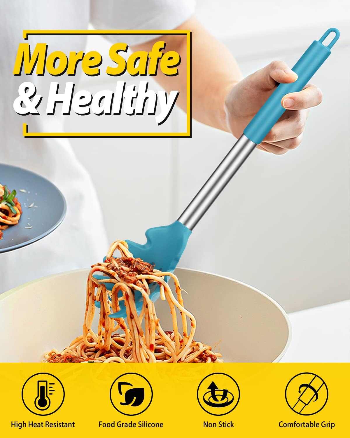 Silicone Pasta Fork and Ladle Spoon Set, Large Non Stick Kitchen Utensils for