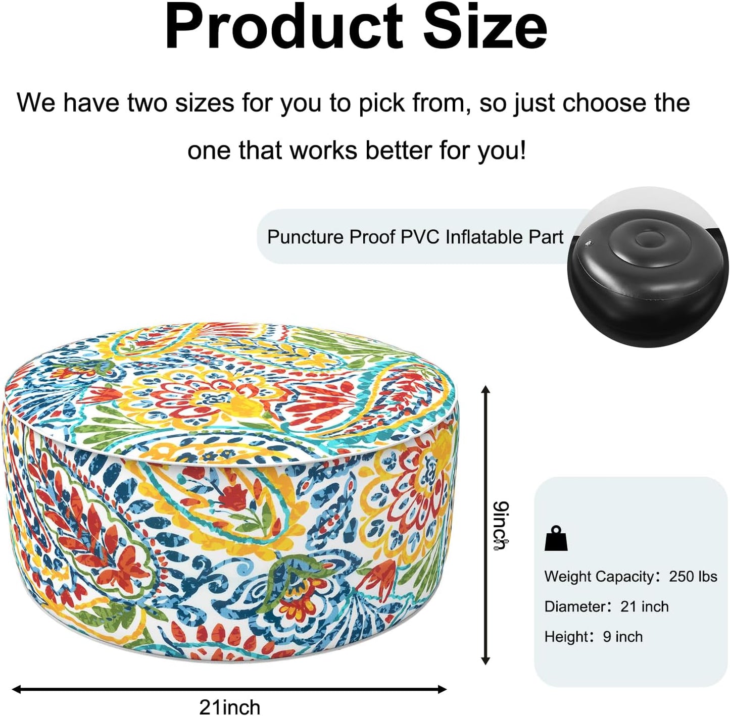 Inflatable Ottoman Stool D21 xH9 for Outdoor/Indoor Use, Water Repellent Patio Foot Rest Stool with