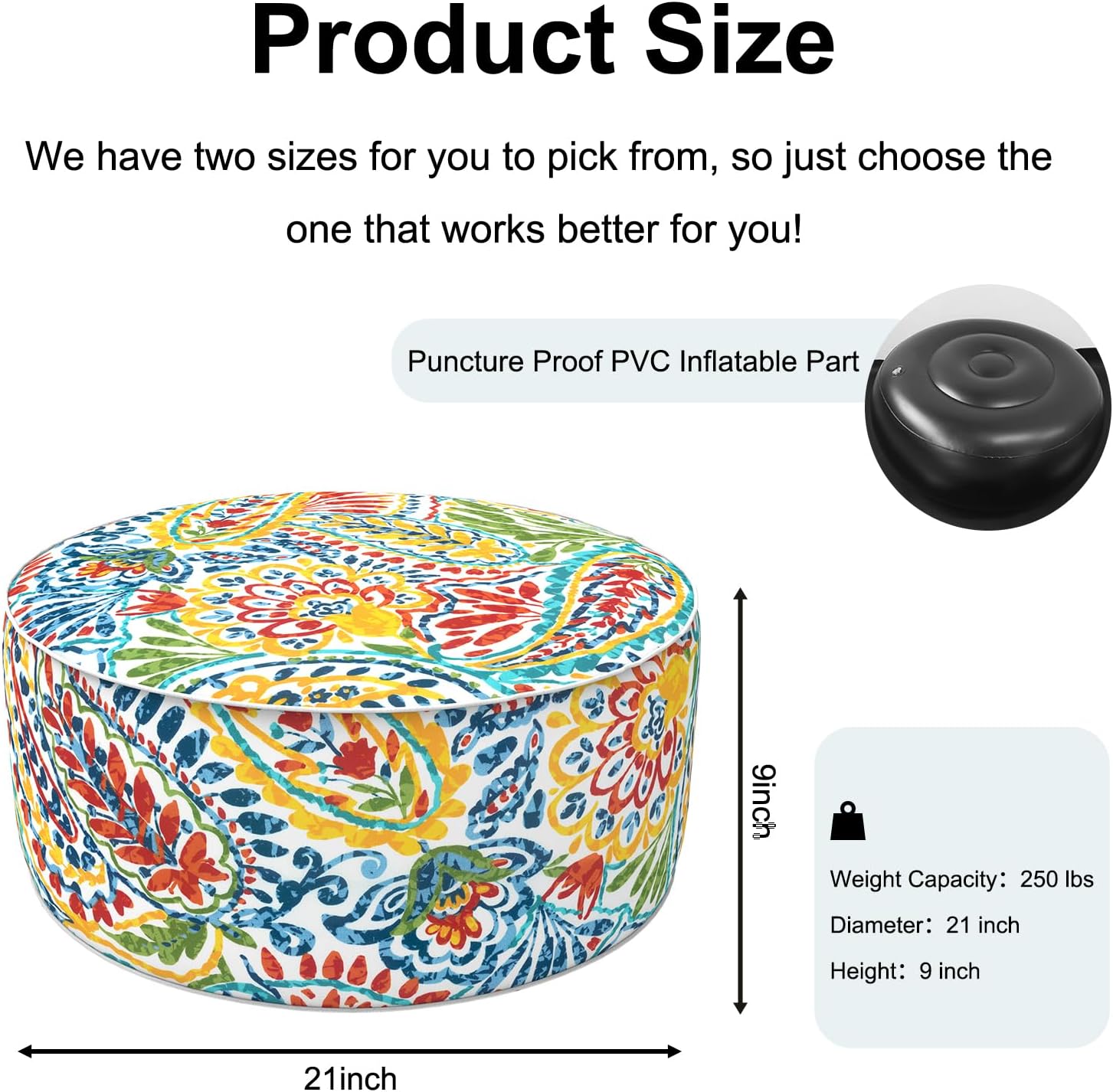 Inflatable Ottoman Stool D21 xH9 for Outdoor/Indoor Use, Water Repellent Patio Foot Rest Stool with