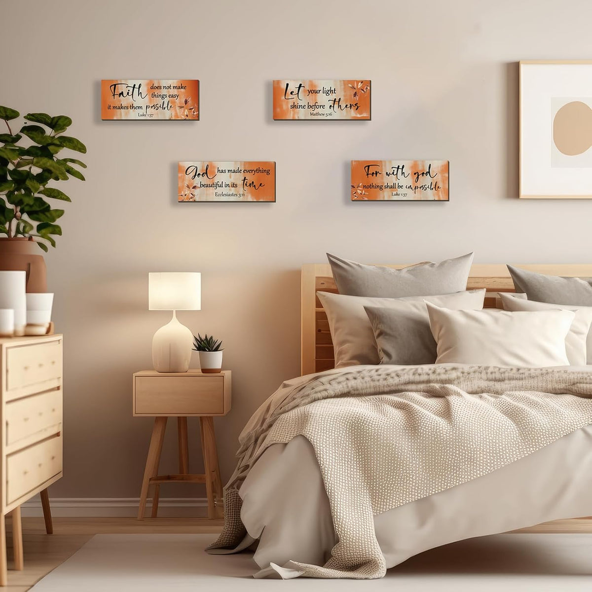 FENCORDAR 4 Pieces Orange Bathroom Decor Bible Verses Decor Wooden Orange Wall Decor Abstract