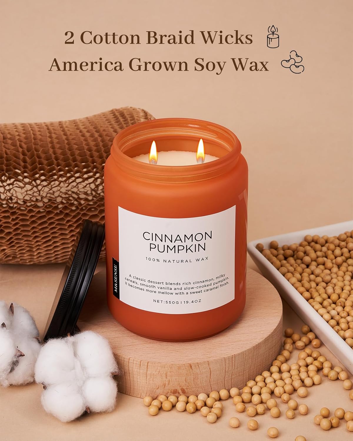 M&SENSE Cinnamon Pumpkin Fall Scented Candles, 19.4oz Soy Natural Candles 110 Hours Long Lasting