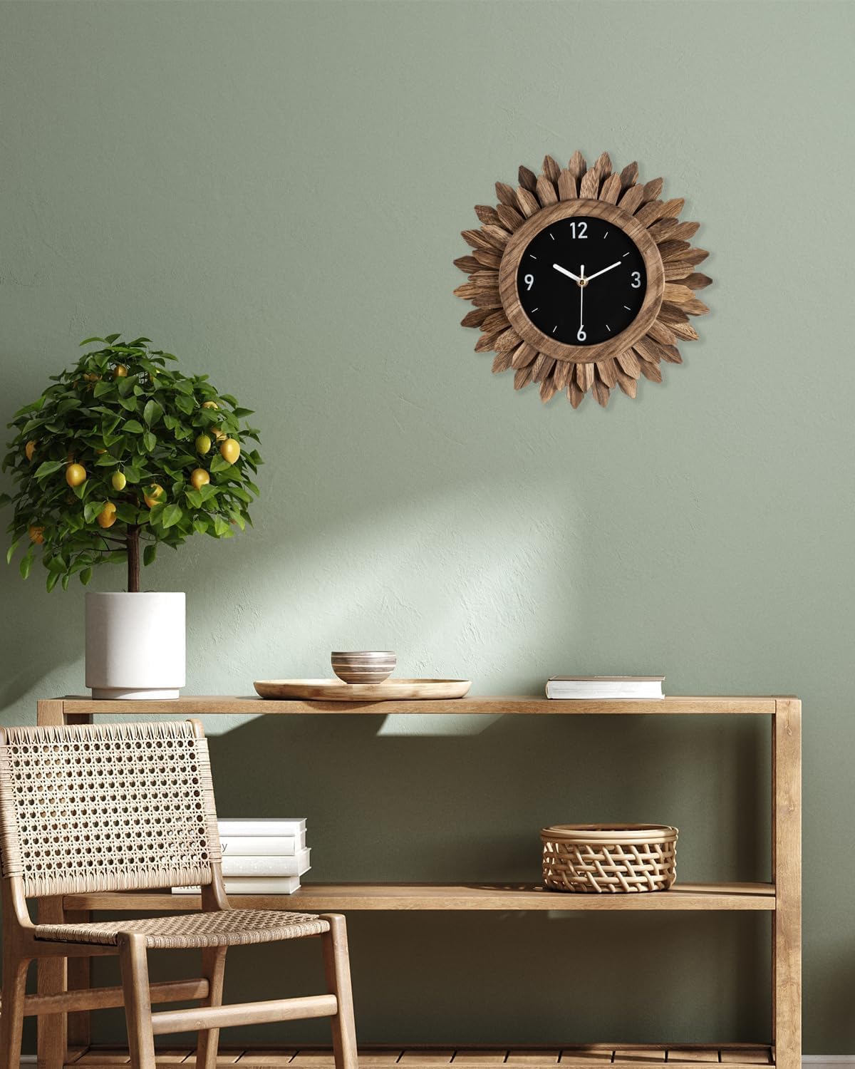 Honiway Wall Clock Battery Operated 12 in Rustic Wood Boho Sunburst Decorative Wall Clock Silent