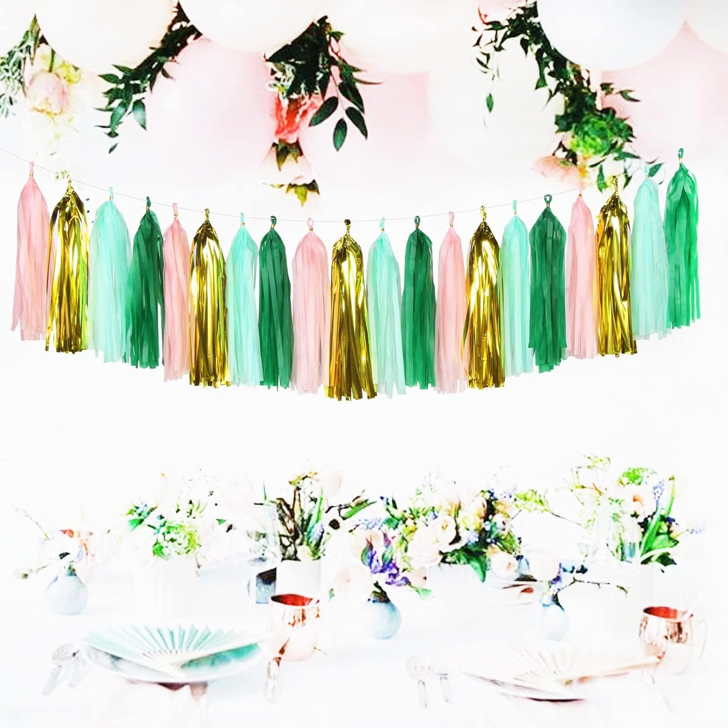 Sage-Green Pink-Gold Party-Decorations Tassel Garland - 20pcs Bachelorette Engagement Baby Bridal