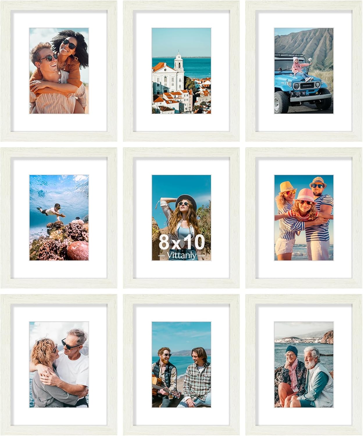 Vittanly 8x10 Picture Frames Set of 9, Shatter Resistant Plexiglass, Display 5x7 Pictures with Mat