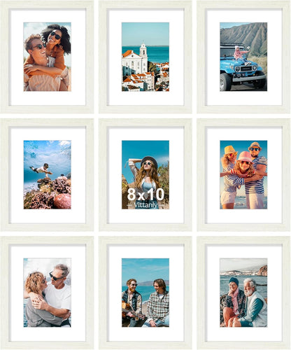Vittanly 8x10 Picture Frames Set of 9, Shatter Resistant Plexiglass, Display 5x7 Pictures with Mat