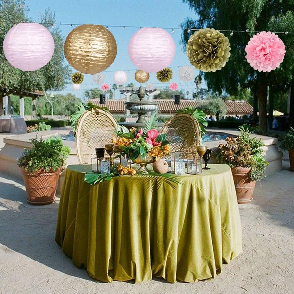 Pink Gold Party Decorations, Pink Gold Paper Lanterns and Pom Poms Flowers for Birthday Party Baby