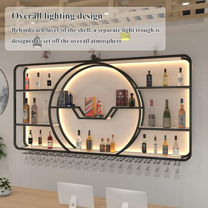 3-Tiers Metal Wine Rack Wall Mounted Modern With LED Light With Wine Glass Holder Large Liquor Bar
