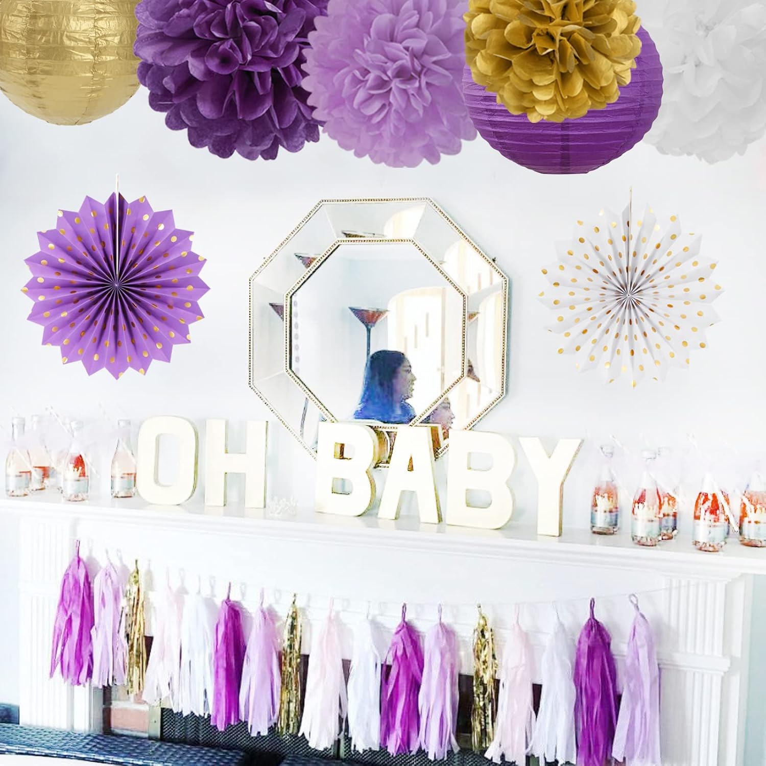 Purple-Gold Party Decorations Streamers Lanterns - 14pcs White Lavender Paper Fan Graduation Woman