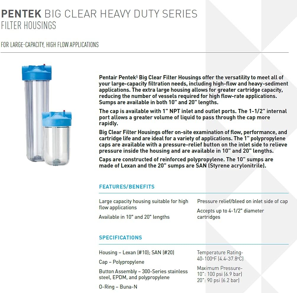 Pentair Pentek 166201 Big Clear Filter Housing, 1" NPT #20 Whole House Heavy Duty Water Filter