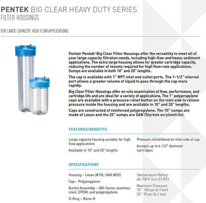 Pentair Pentek 166201 Big Clear Filter Housing, 1" NPT #20 Whole House Heavy Duty Water Filter