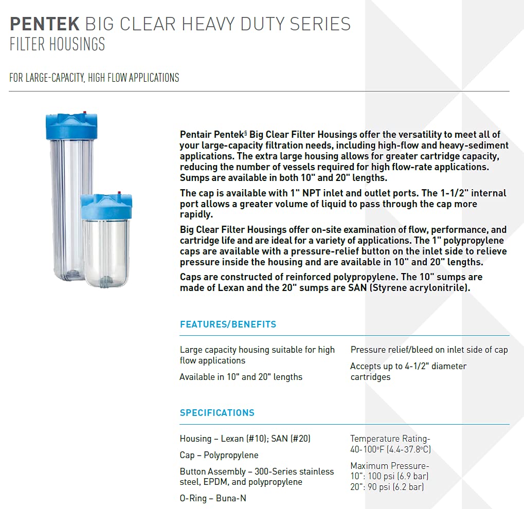 Pentair Pentek 166219 Big Clear Filter Housing, 1" NPT #10 Whole House Heavy Duty Water Filter