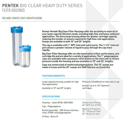 Pentair Pentek 166219 Big Clear Filter Housing, 1" NPT #10 Whole House Heavy Duty Water Filter
