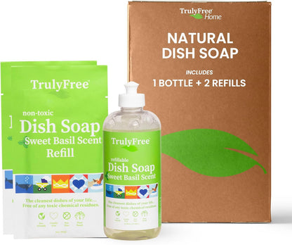Natural Concentrated Dish Detergent Dishwashing Liquid | Plant-Based Dish Soap | Sweet Basil Fresh