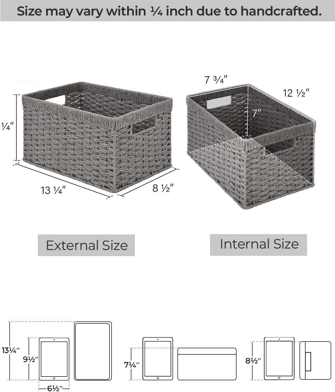 StorageWorks Round Paper Rope Storage Baskets, Rectangular Wicker Baskets with Built-in Handles