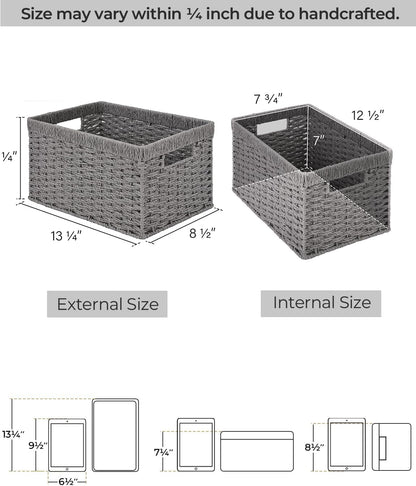 StorageWorks Round Paper Rope Storage Baskets, Rectangular Wicker Baskets with Built-in Handles