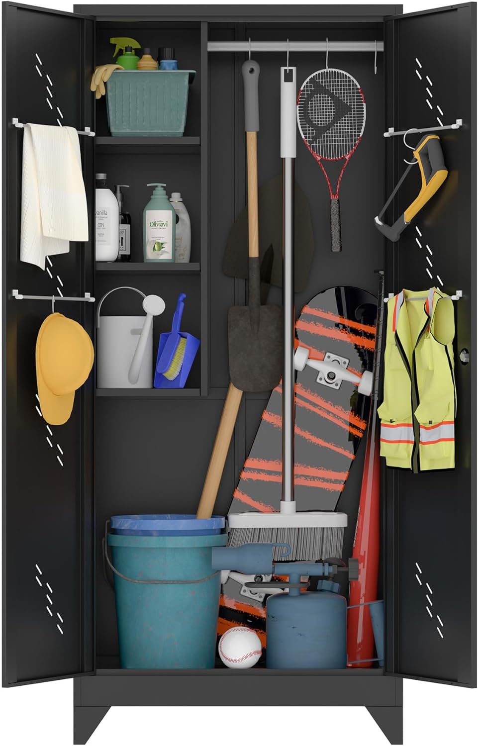 Metal Storage Cabinet with Lock Door, 75" Tall Garage Storage Cabinet with Hanging Rod, Broom