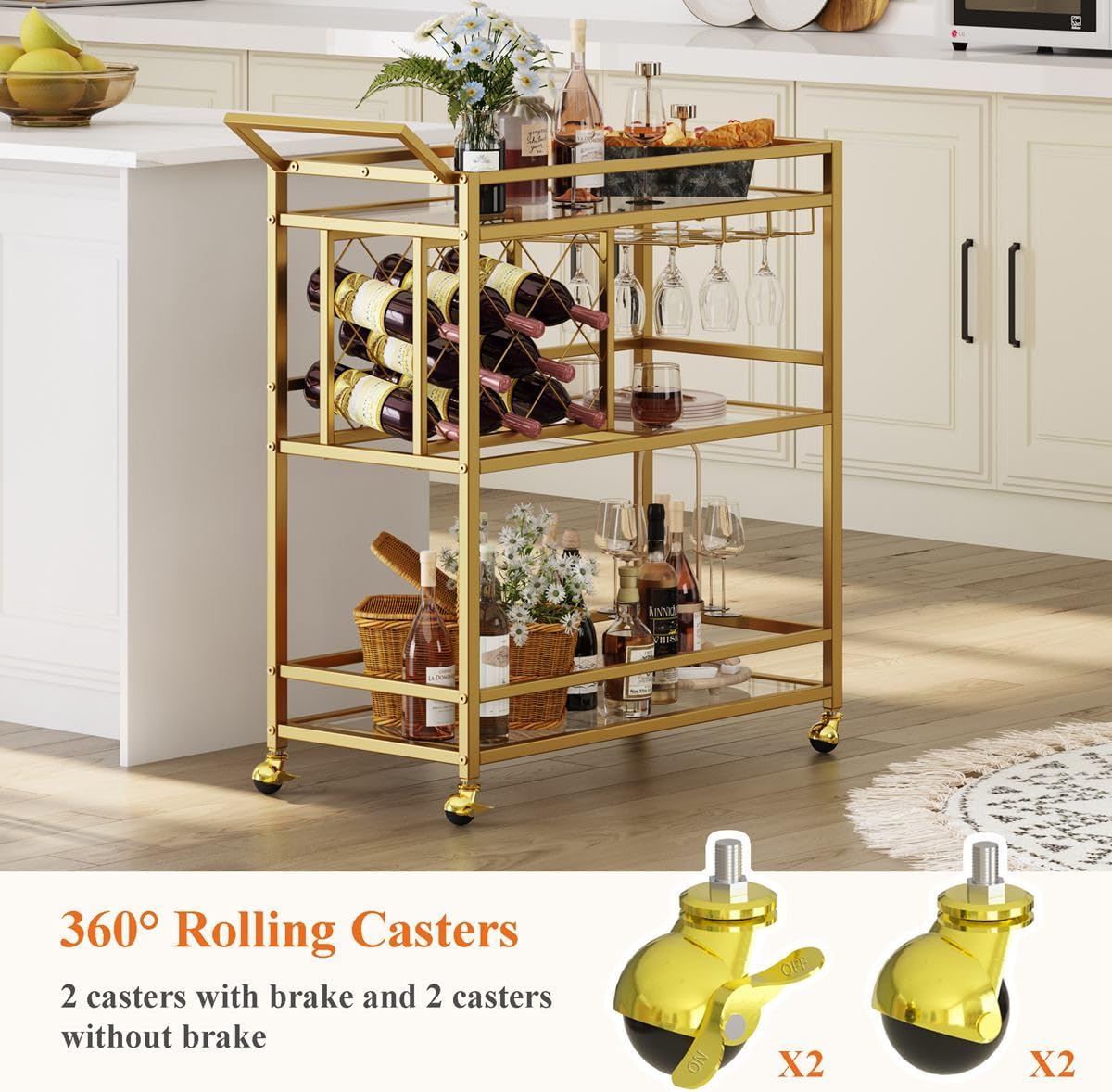 FATORRI Bar Cart Gold, Home Bar Serving Cart with Wine Rack and Glasses Holder, Wine Carts on