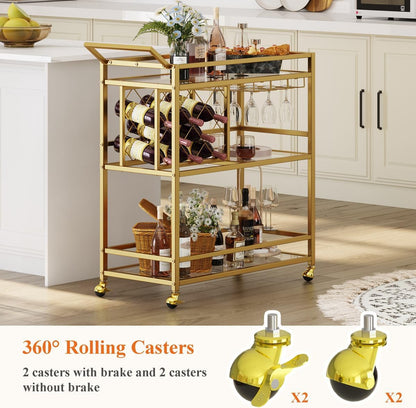 FATORRI Bar Cart Gold, Home Bar Serving Cart with Wine Rack and Glasses Holder, Wine Carts on