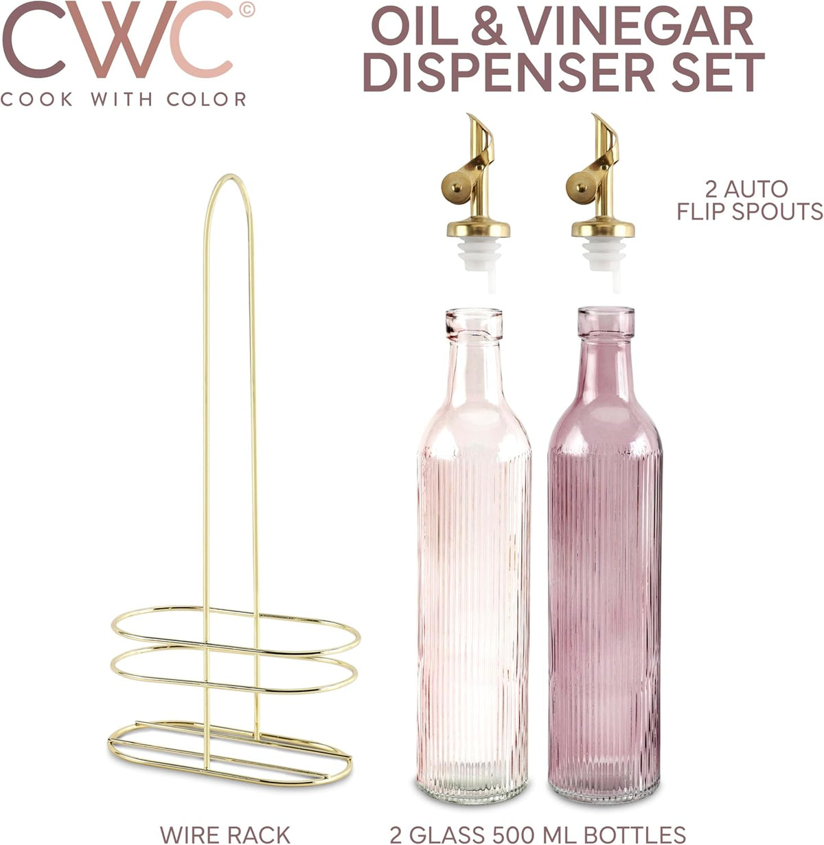 COOK WITH COLOR Glass Olive Oil Bottle Dispenser - 2 Pack- 17oz Oil and Vinegar Cruet - Olive Oil