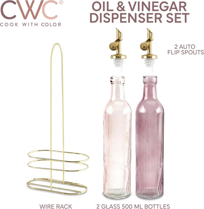 COOK WITH COLOR Glass Olive Oil Bottle Dispenser - 2 Pack- 17oz Oil and Vinegar Cruet - Olive Oil