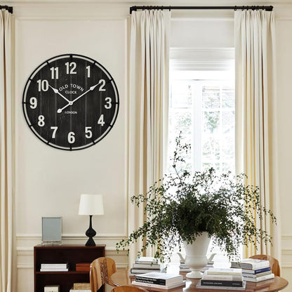 Large Old Town Farmhouse Wall Clock – 24 Inches Rustic Antique Wood with Metal Circle and Large