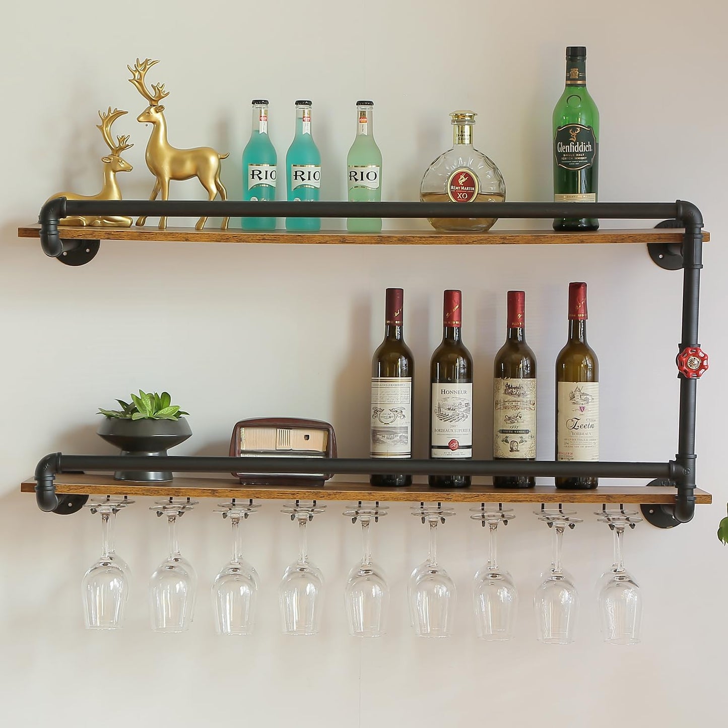 41 Inch Wine Rack Wall Mounted 2 Tier, Hanging Floating Bar Liquor Shelves with Glass Holder