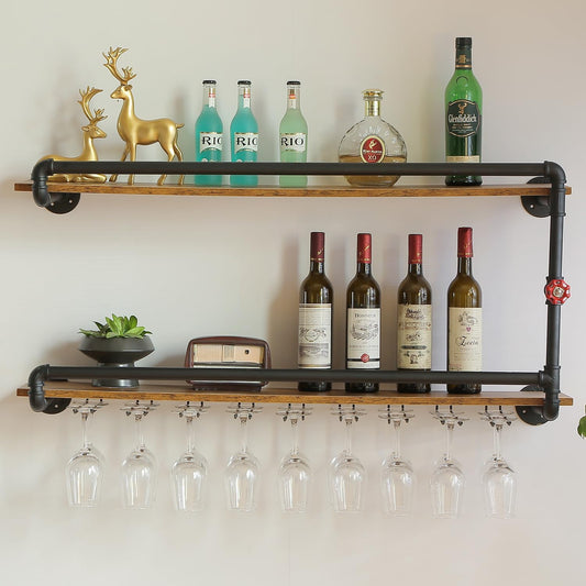 41 Inch Wine Rack Wall Mounted 2 Tier, Hanging Floating Bar Liquor Shelves with Glass Holder