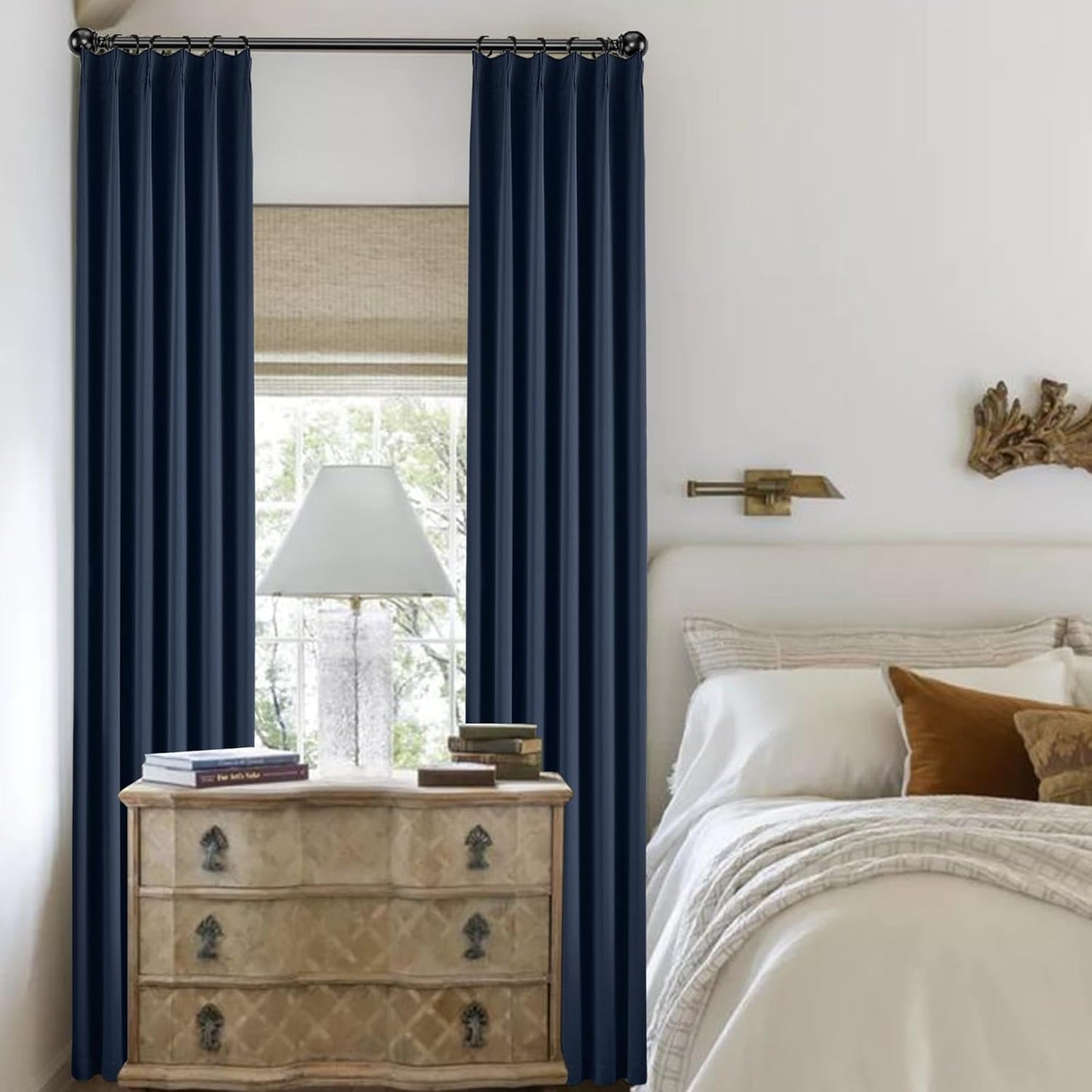 KangBang Navy Blue Pinch Pleated Curtains & Drapes 90 Inches Long for Boys Bedroom, Thermal