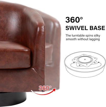 Swivel Barrel Accent Chair, Modern Round Faux Leather Arm Chair for Living Room, Bedroom, Comfy