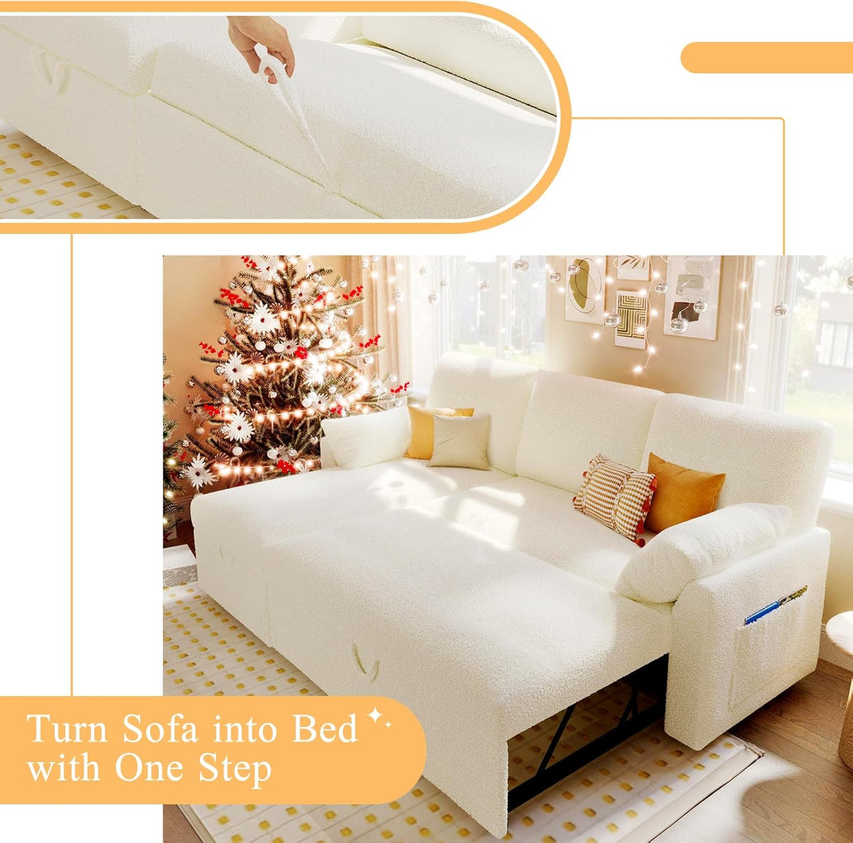 VanAcc Sofa Bed, Sleeper Sofa- 2 in 1 Pull Out Couch Bed with Storage Chaise for Living Room, White