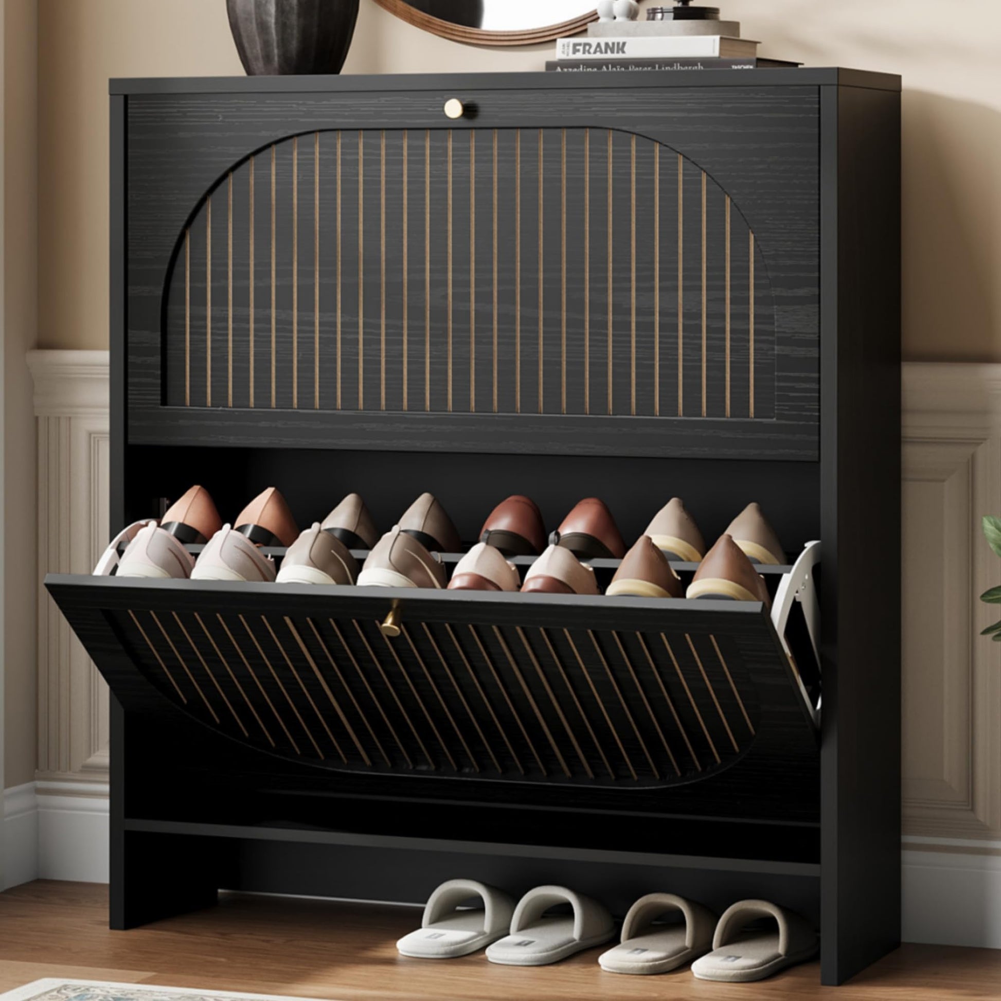 Nicetree Arch-Chic Shoe Cabinet for Entryway, 2 Flip Drawers Shoe Storage Cabinet with Fluted Slim